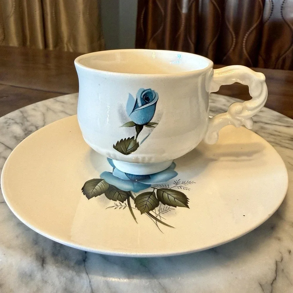12pc VTG English Bridgerton Porcelain Tea Cup‎ & Scone Plate Set Blue Roses Rose